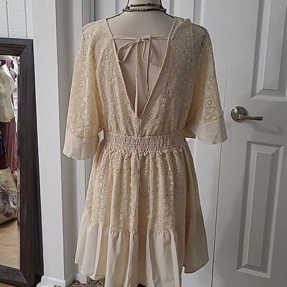 Boho Romantic Lace Overlay Angel Sleeve Mini Dress Pink sz S - Picture 10 of 11